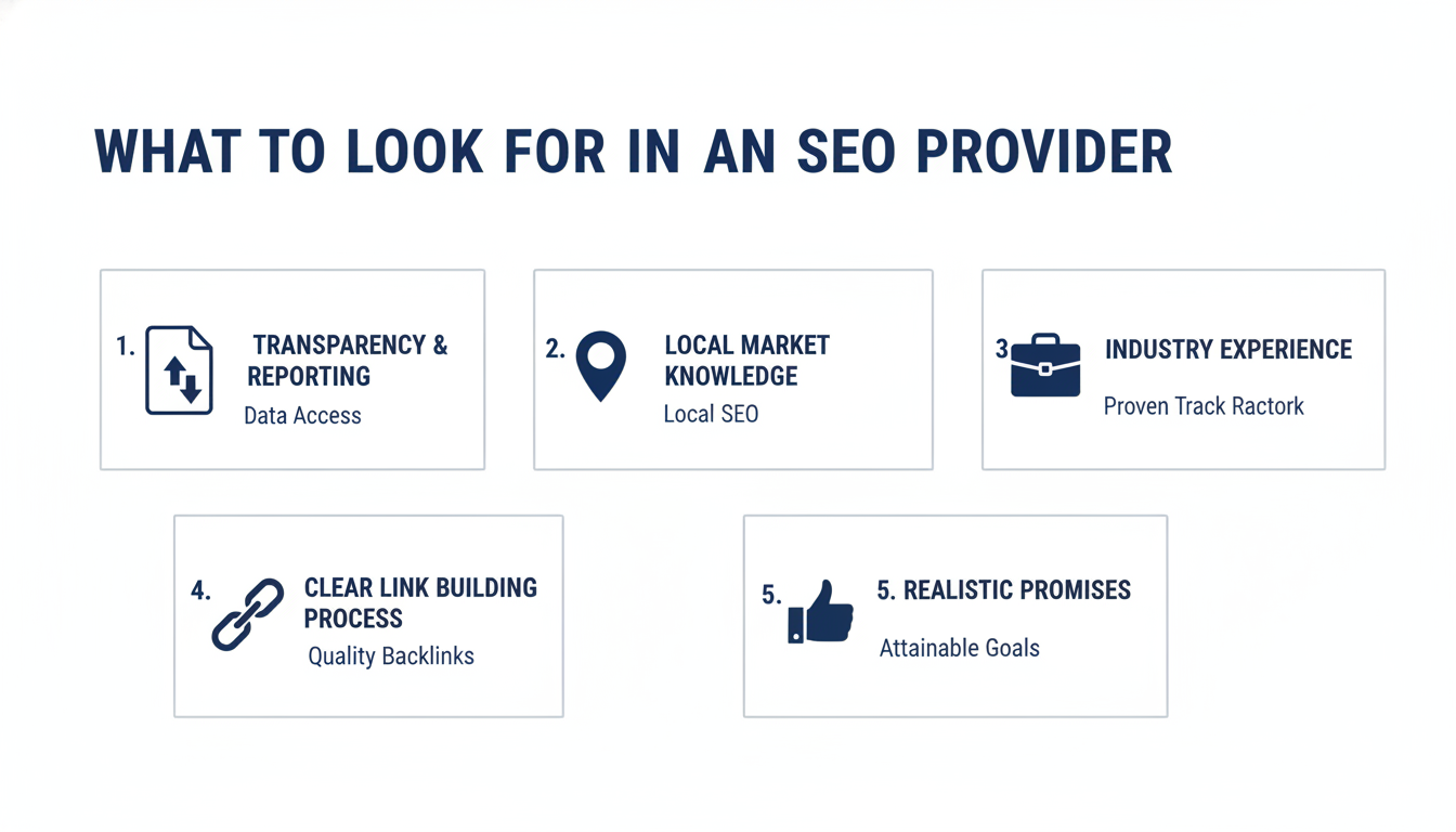 Checklist infographic of five criteria to evaluate SEO providers: transparency, local knowledge, experience, link building, realistic promises