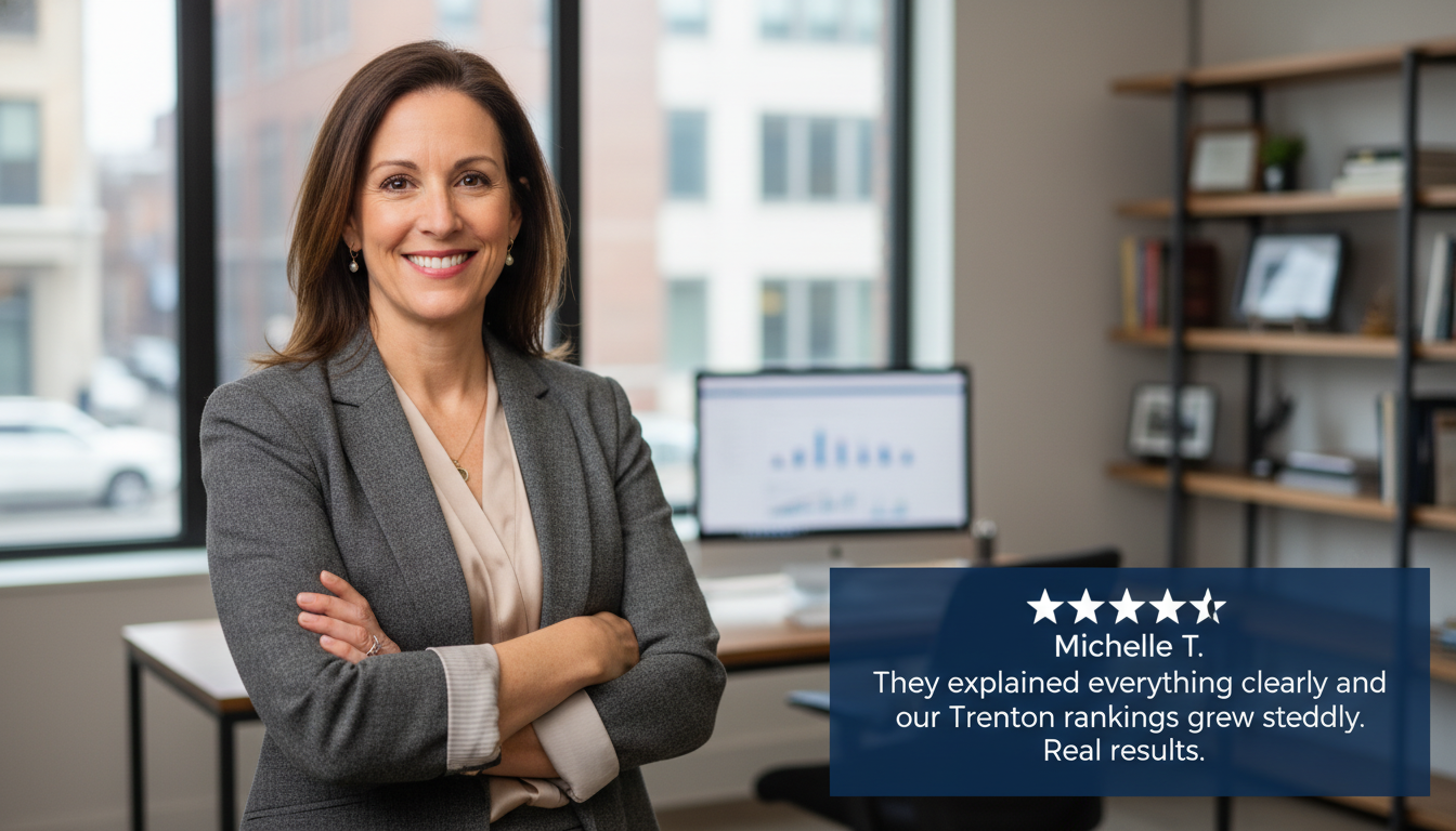 Satisfied business owner with five-star testimonial review about SEO ranking improvements in Trenton