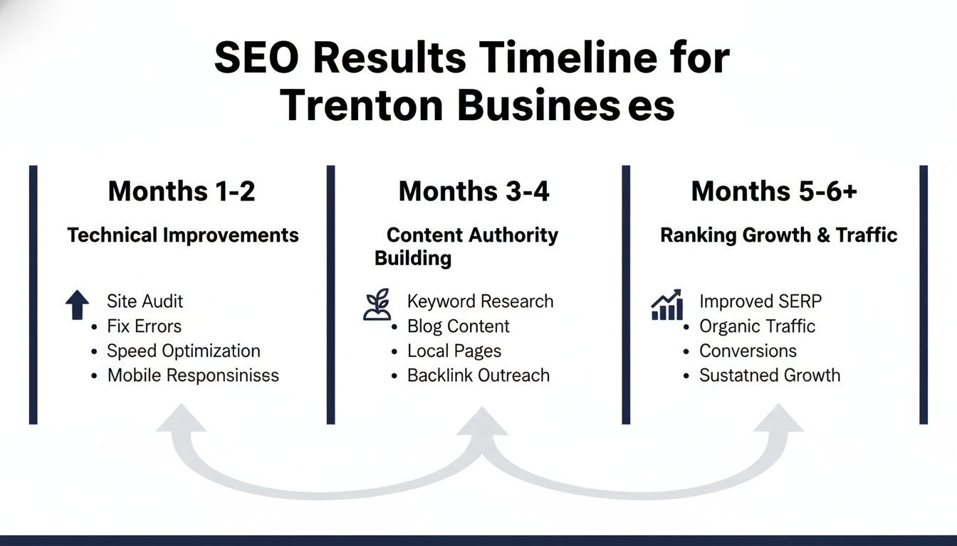 SEO results timeline showing six-month progression for Trenton businesses from technical improvements to ranking growth