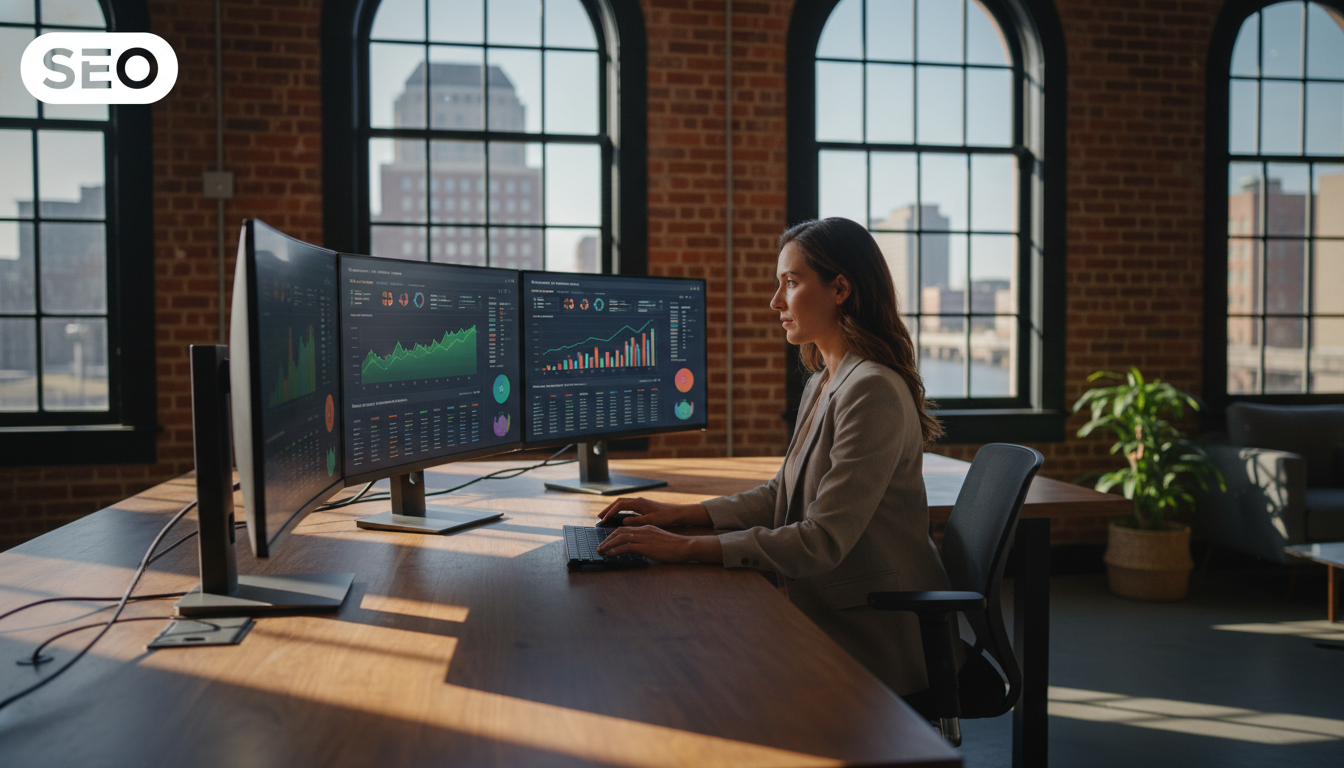 AI SEO strategist reviewing analytics dashboards in modern Trenton office with multiple monitors