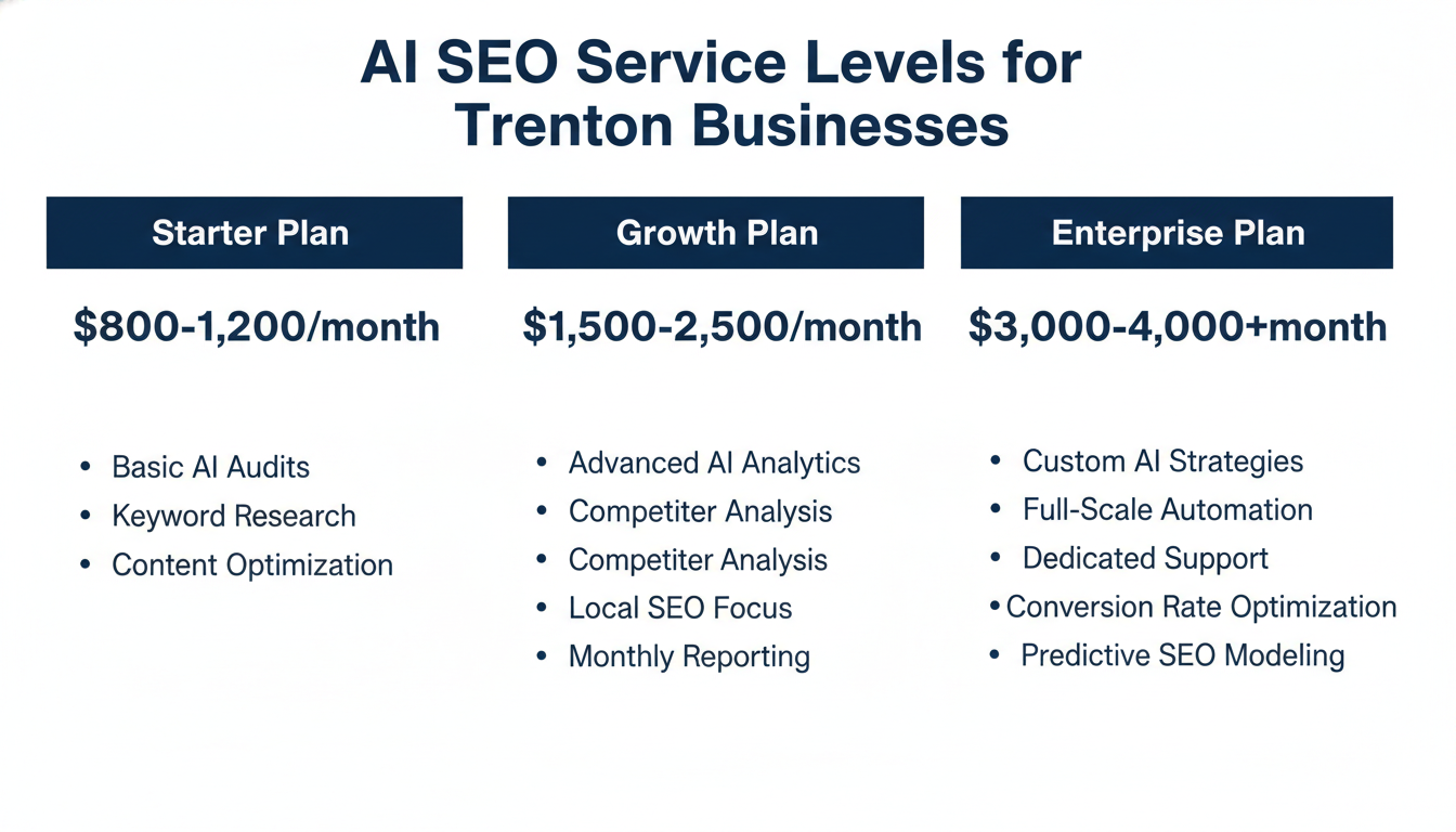 Three-tier pricing comparison chart for AI SEO service levels from Starter to Enterprise plans