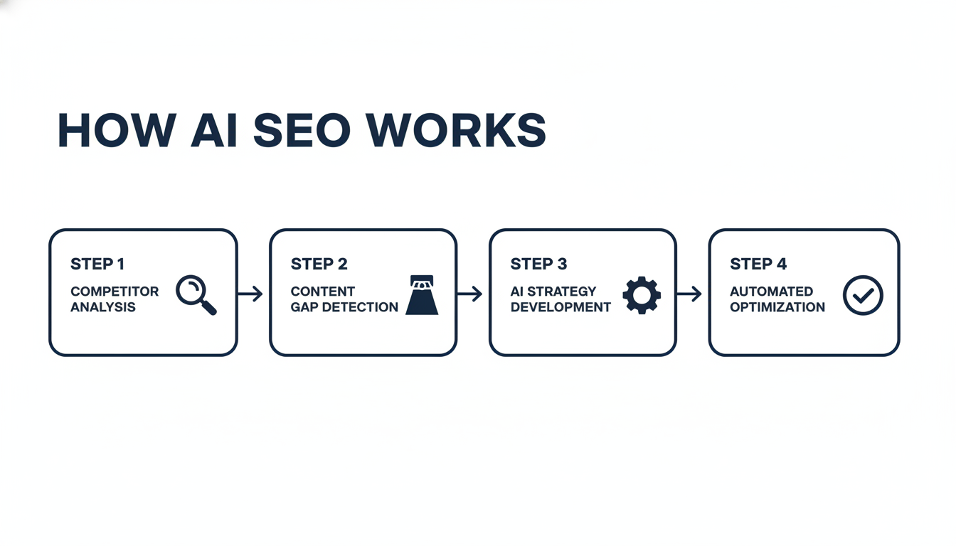Four-step infographic showing how AI SEO works from competitor analysis to optimization