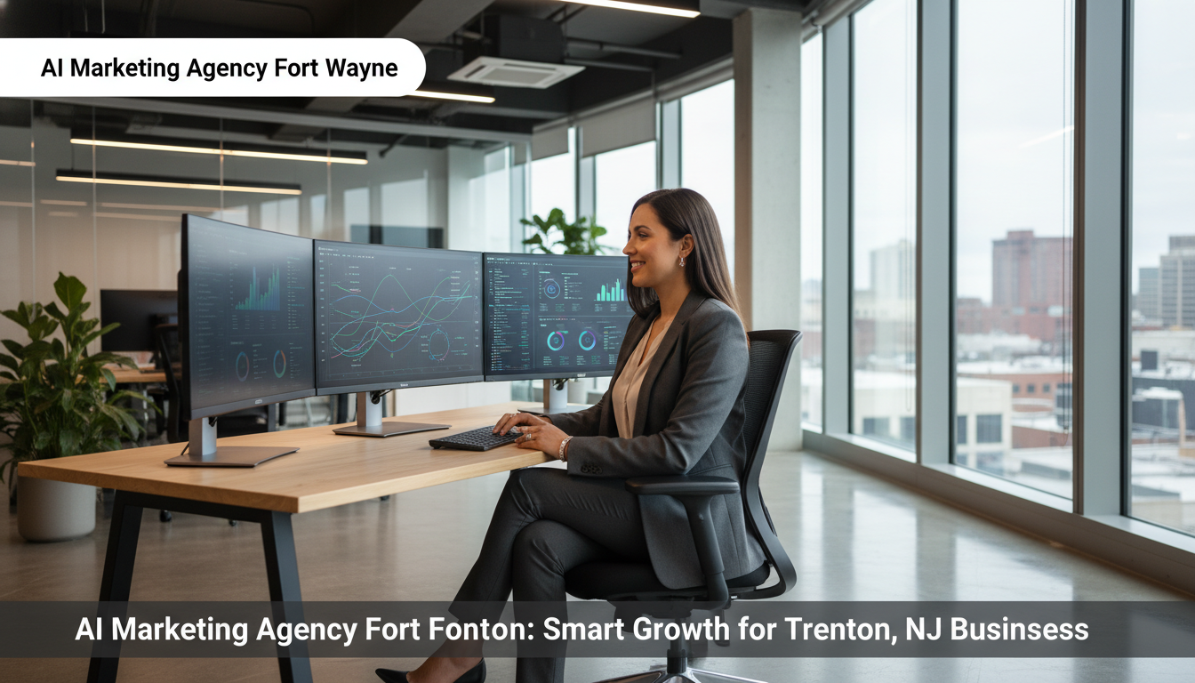 Professional marketer reviewing AI analytics in modern Trenton office: AI marketing strategy