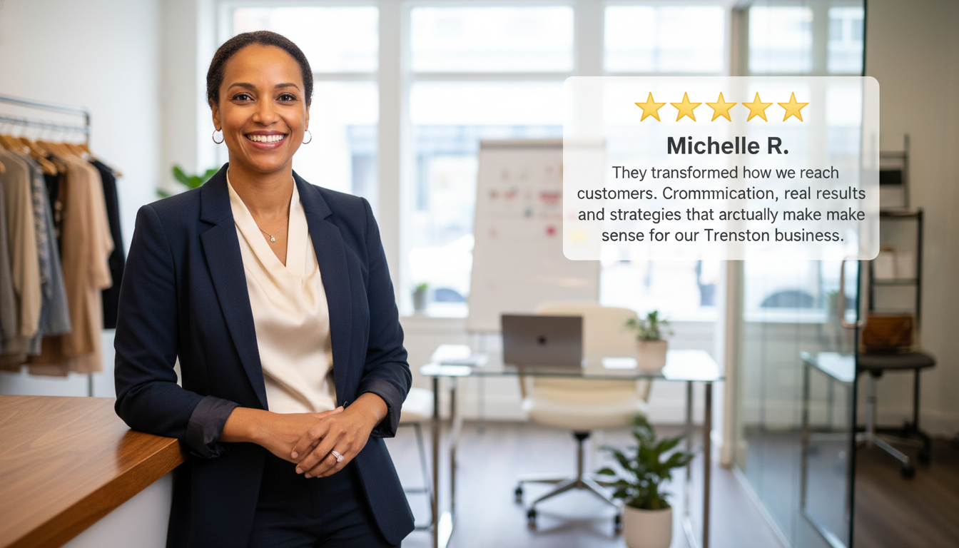 Satisfied business owner testimonial with 5-star review: AI marketing results Trenton NJ