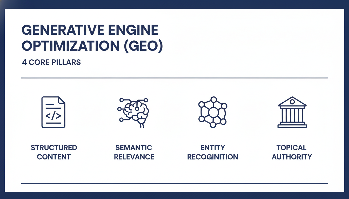 GEO pillars diagram showing structured content, semantic relevance, entity recognition