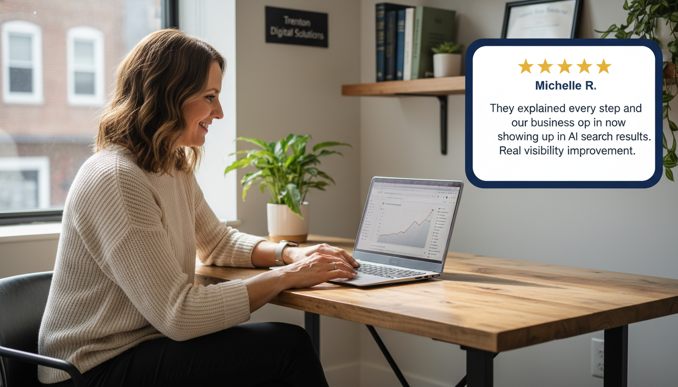 Business owner Michelle R. in office reviewing GEO results with 5-star testimonial