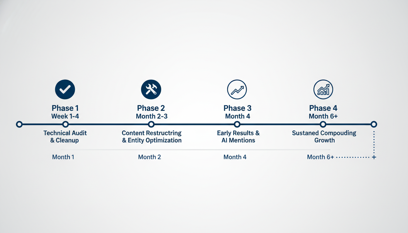 GEO timeline showing process from audit through sustained growth results