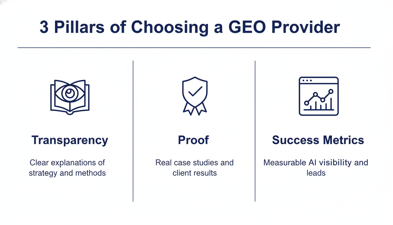 Three pillars for selecting GEO provider: transparency, proof, and success metrics