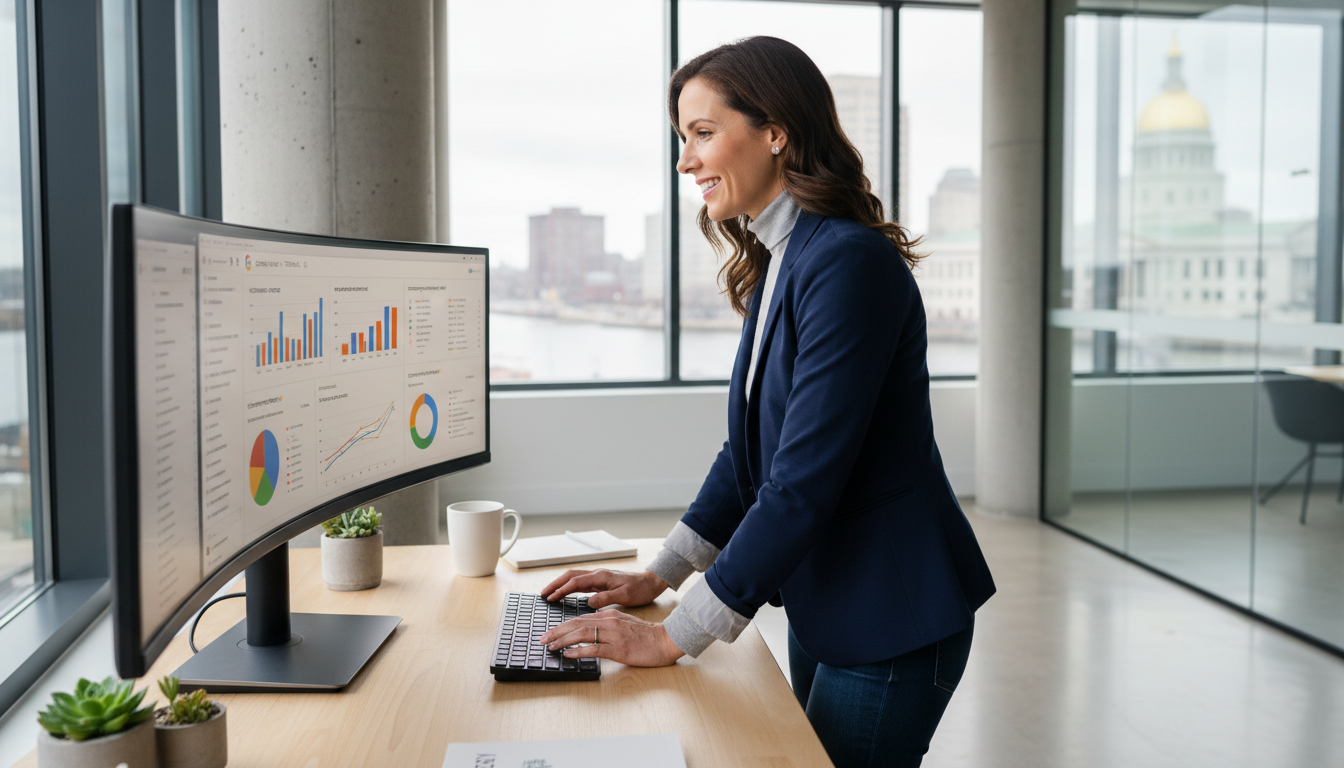 Professional consultant reviewing SEO analytics on desktop in modern Trenton office, AI SEO consulting services