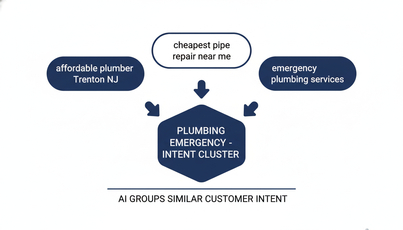 AI keyword intent clustering diagram showing convergence of search phrases, SEO consultant Trenton