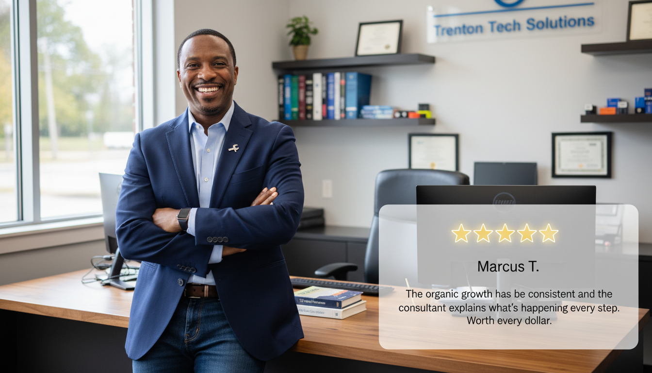 Satisfied Trenton business owner with 5-star review testimonial about AI SEO consultant results