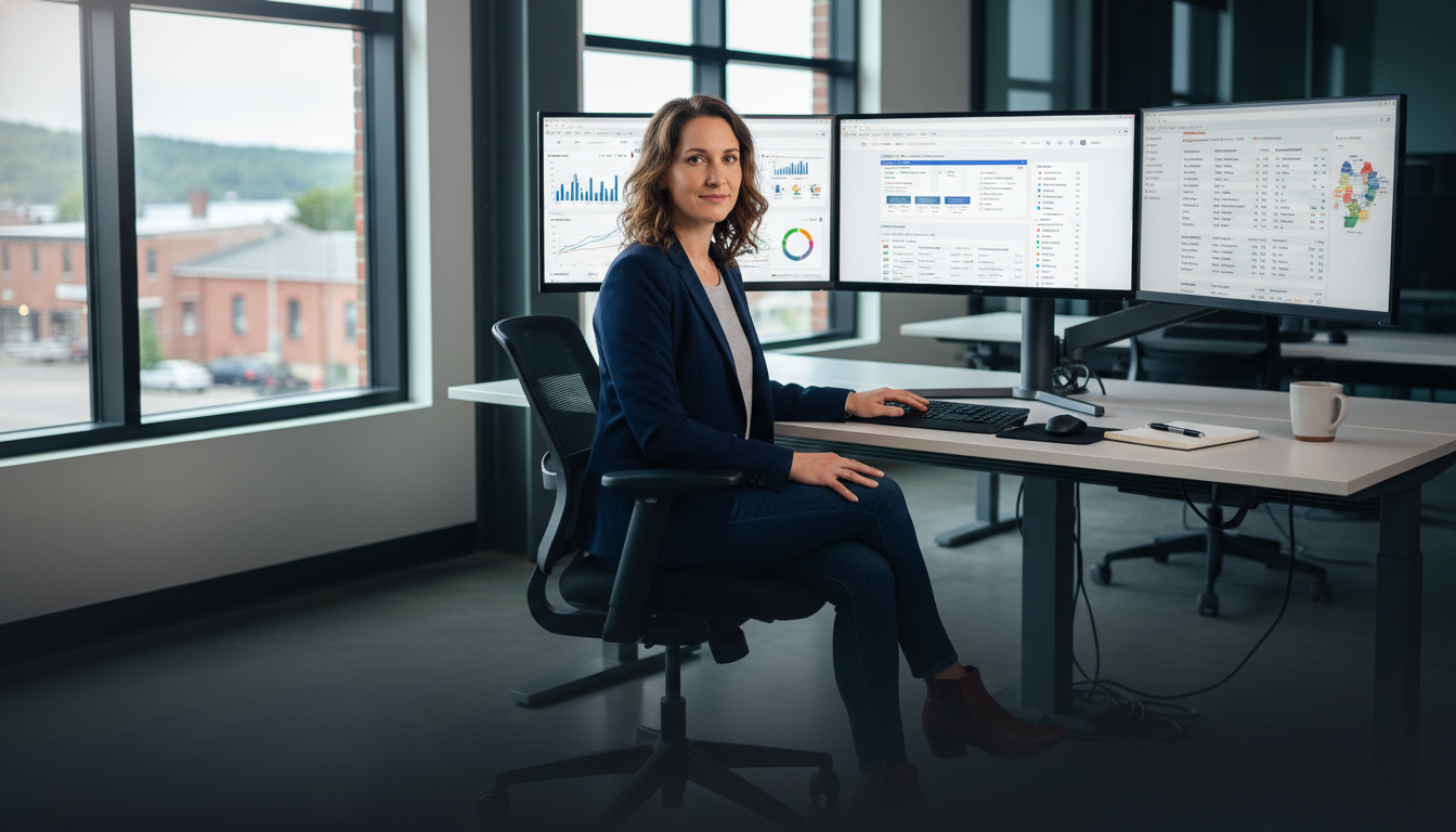 AI SEO strategist at workstation with analytics dashboards in modern Detroit office