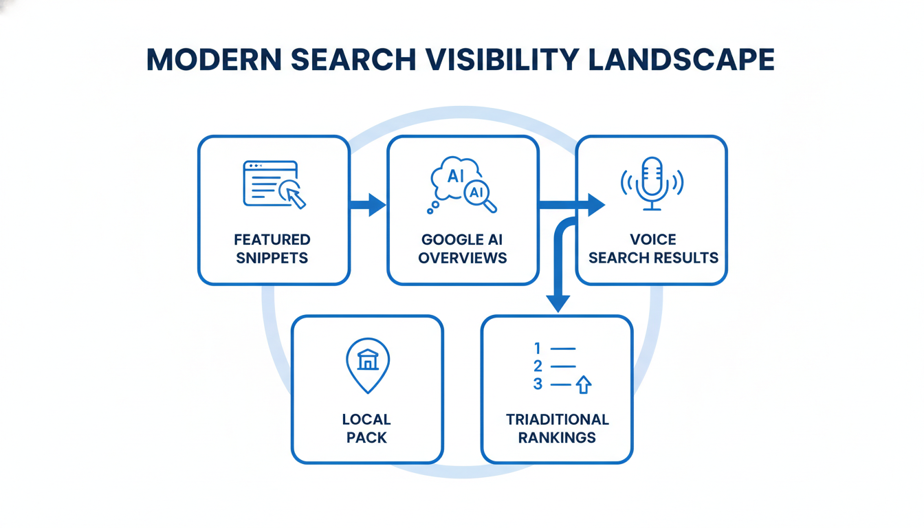 Modern search visibility landscape showing featured snippets, AI overviews, voice results