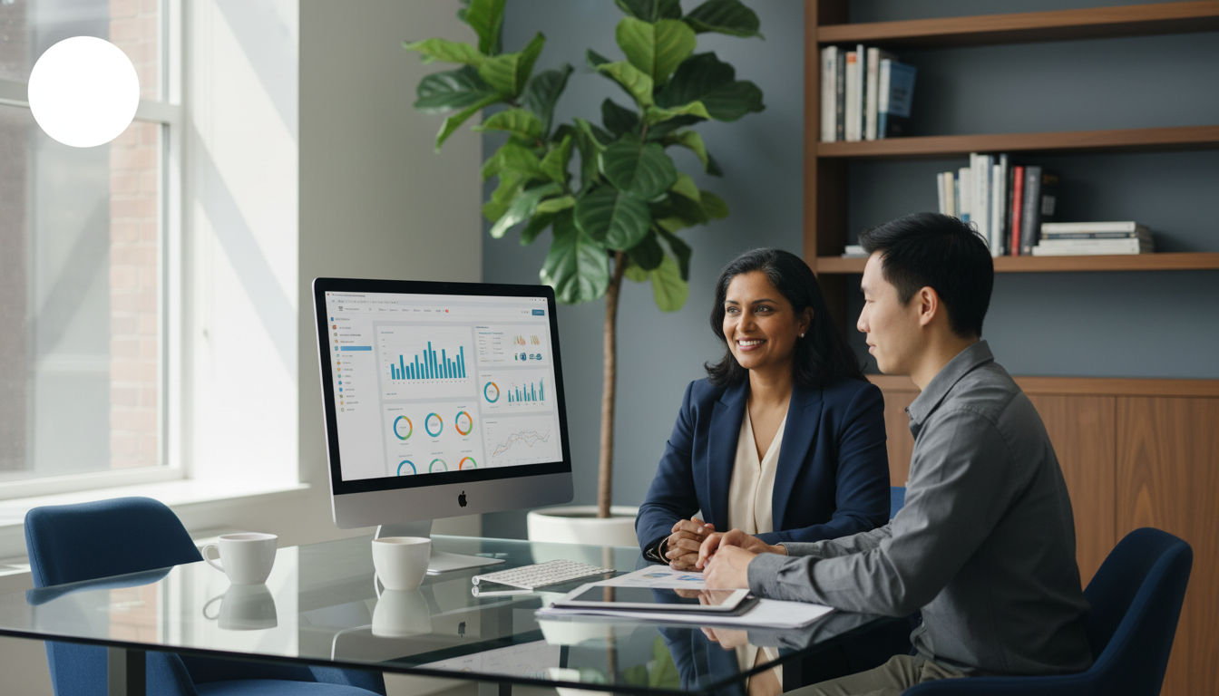 Business owner consulting with digital marketer at modern office desk, Trenton digital marketing services