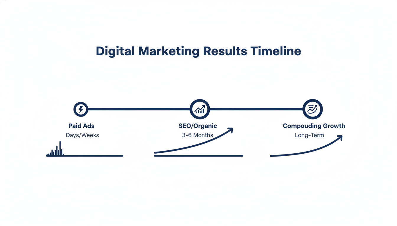 Timeline showing digital marketing results progression paid ads organic growth compounding Trenton