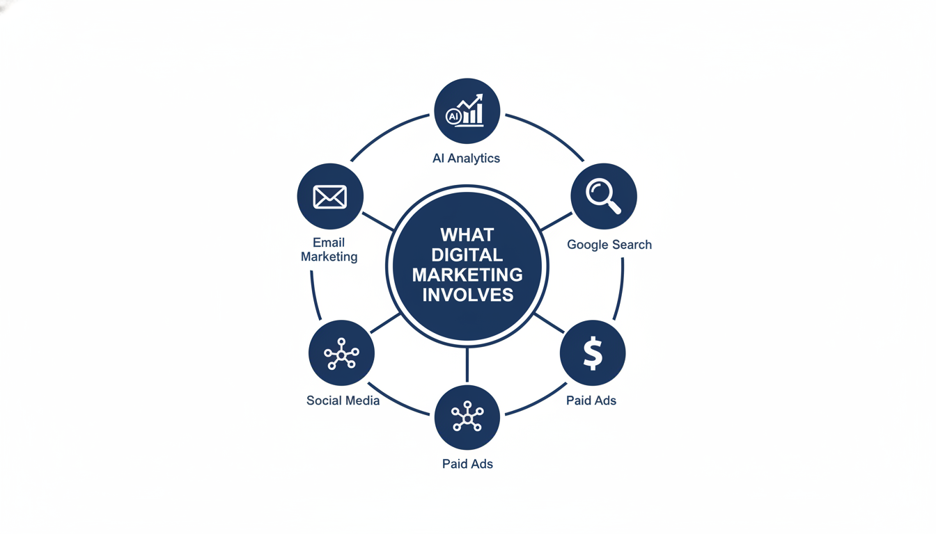 Digital marketing components diagram showing SEO, ads, social media, email, and analytics channels