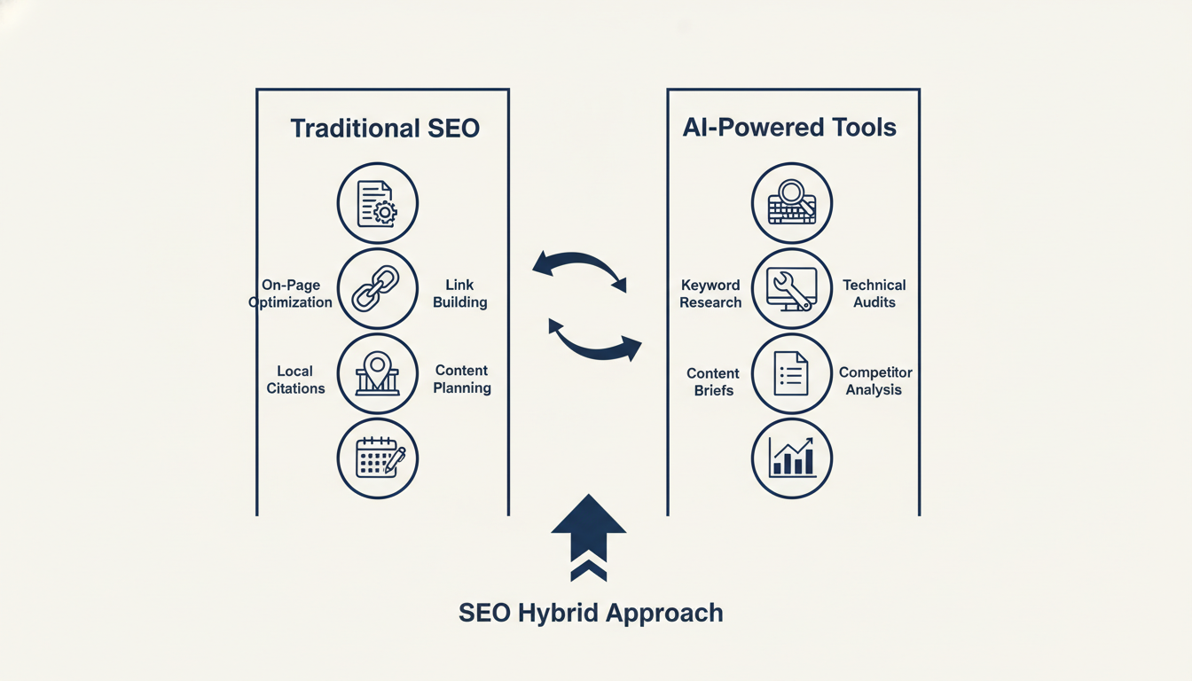 SEO Hybrid diagram showing traditional tactics and AI tools integration for Portland, Indiana businesses