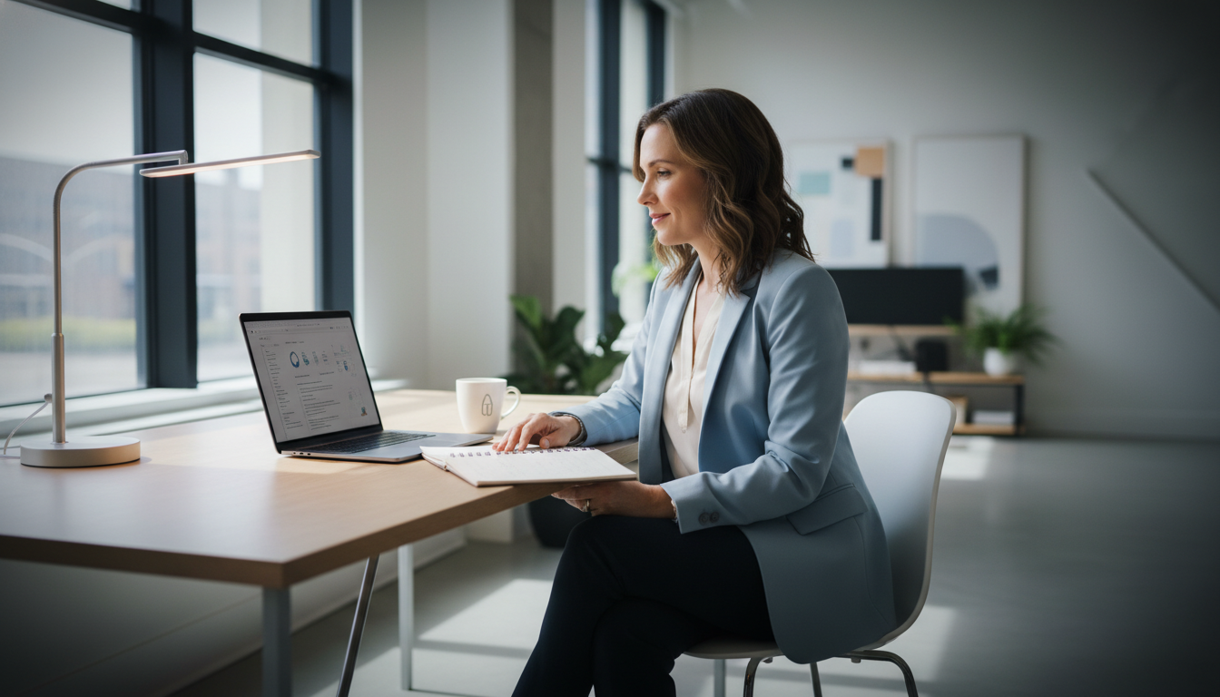 Professional woman strategist at modern office desk with laptop working on SEO hybrid strategy in Portland, Indiana
