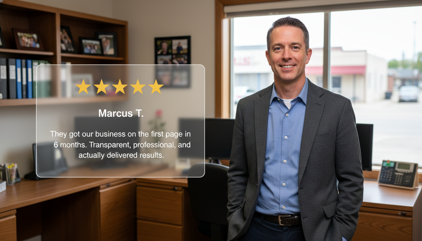 Business owner testimonial with 5-star review of SEO hybrid results in Portland, Indiana