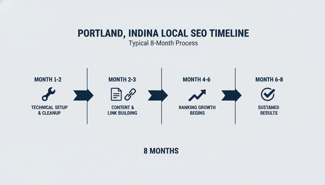 Eight-month SEO timeline showing progress phases for Portland, Indiana local search campaigns