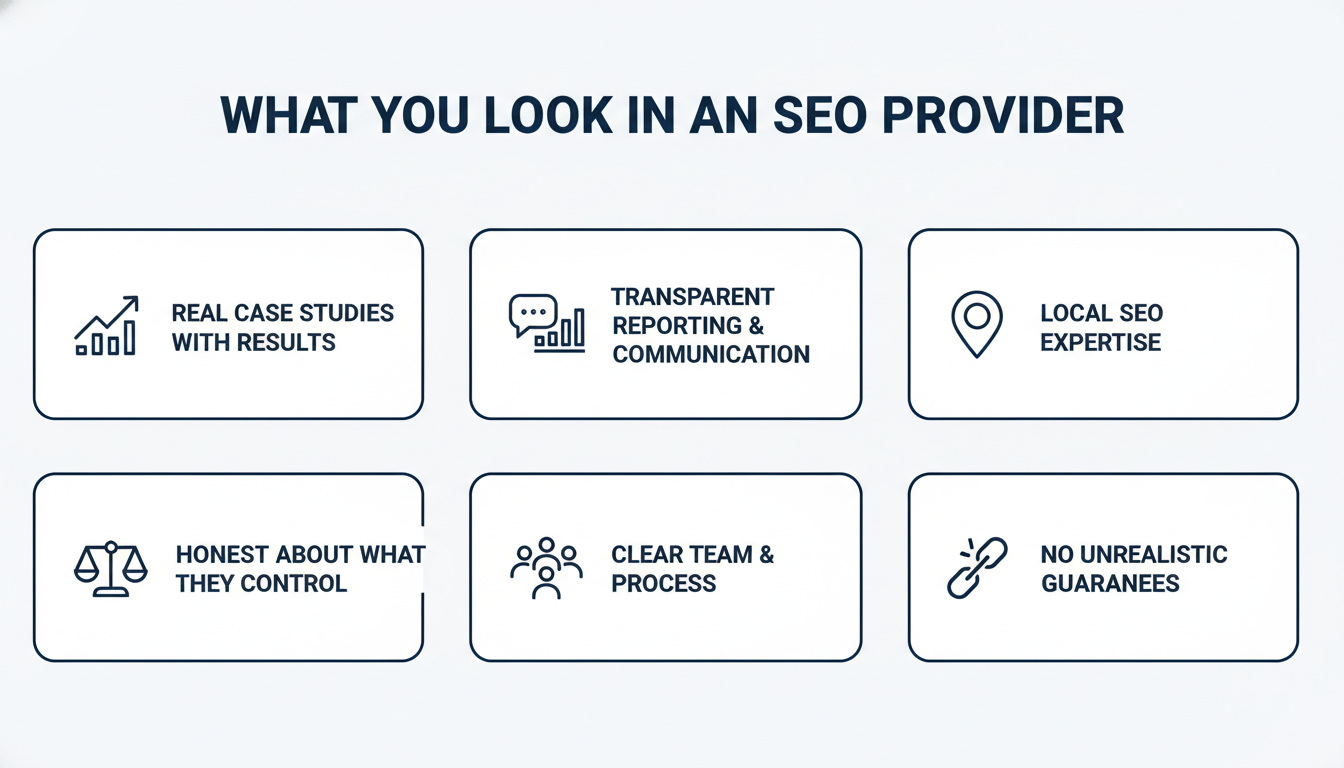 Checklist infographic showing criteria to evaluate SEO hybrid providers in Portland, Indiana
