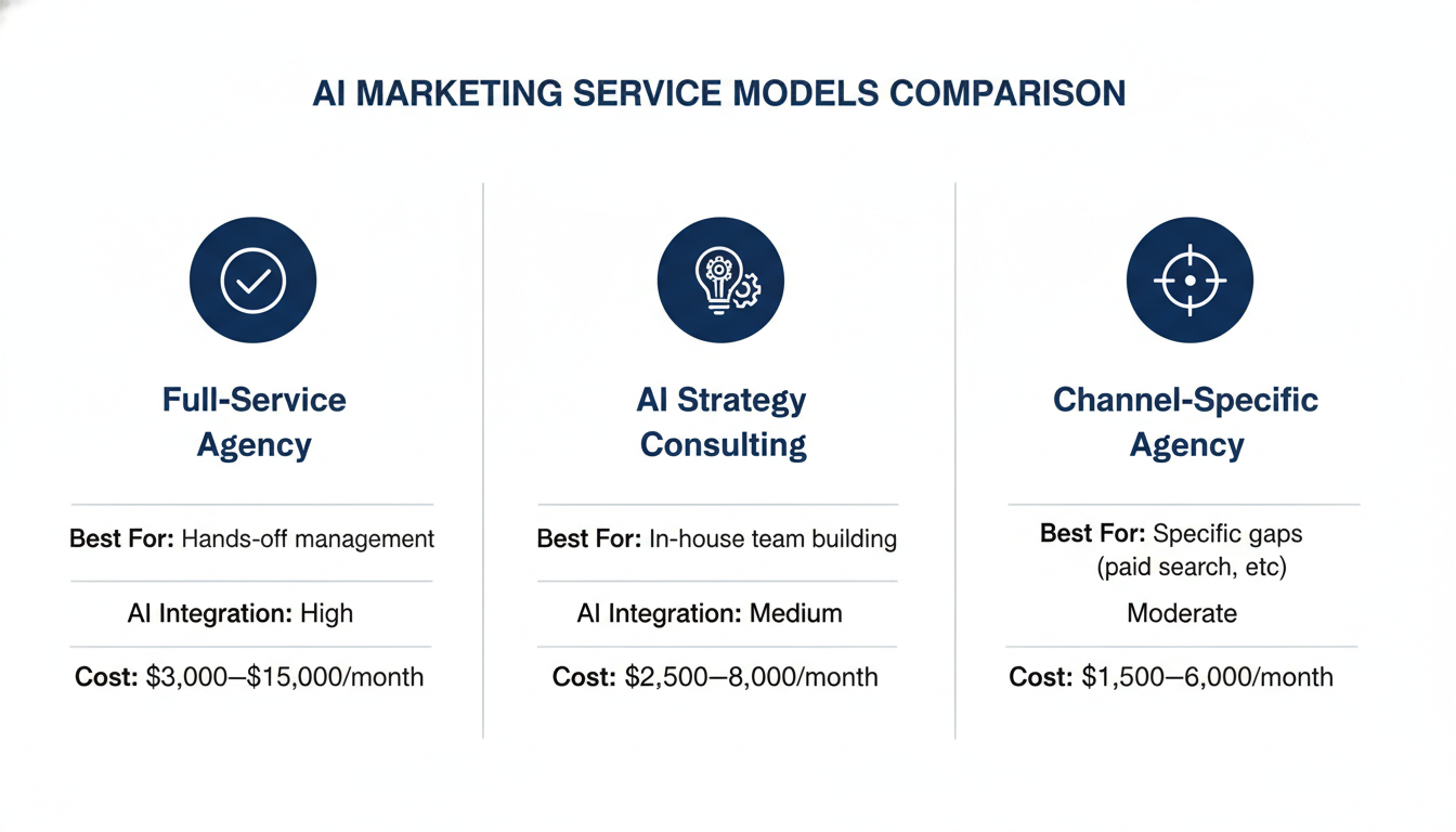 Comparison of three AI marketing service models: Full-Service, Strategy Consulting, and Channel-Specific agencies