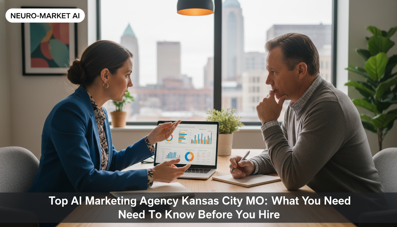 AI marketing strategist consulting with business owner at desk, Kansas City office setting with dashboard analysis