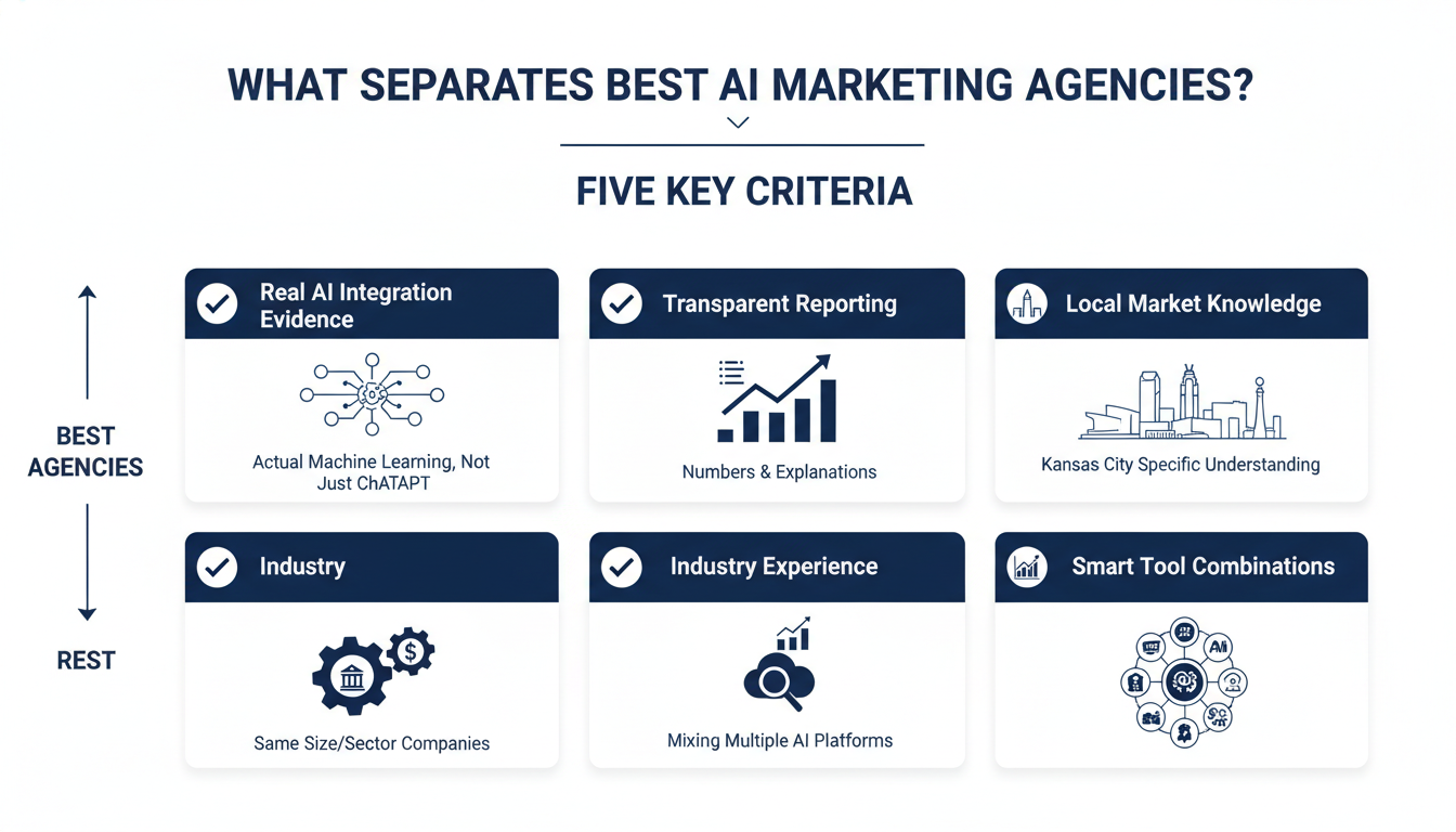 Framework showing five criteria separating top AI marketing agencies: integration, transparency, local knowledge, experience