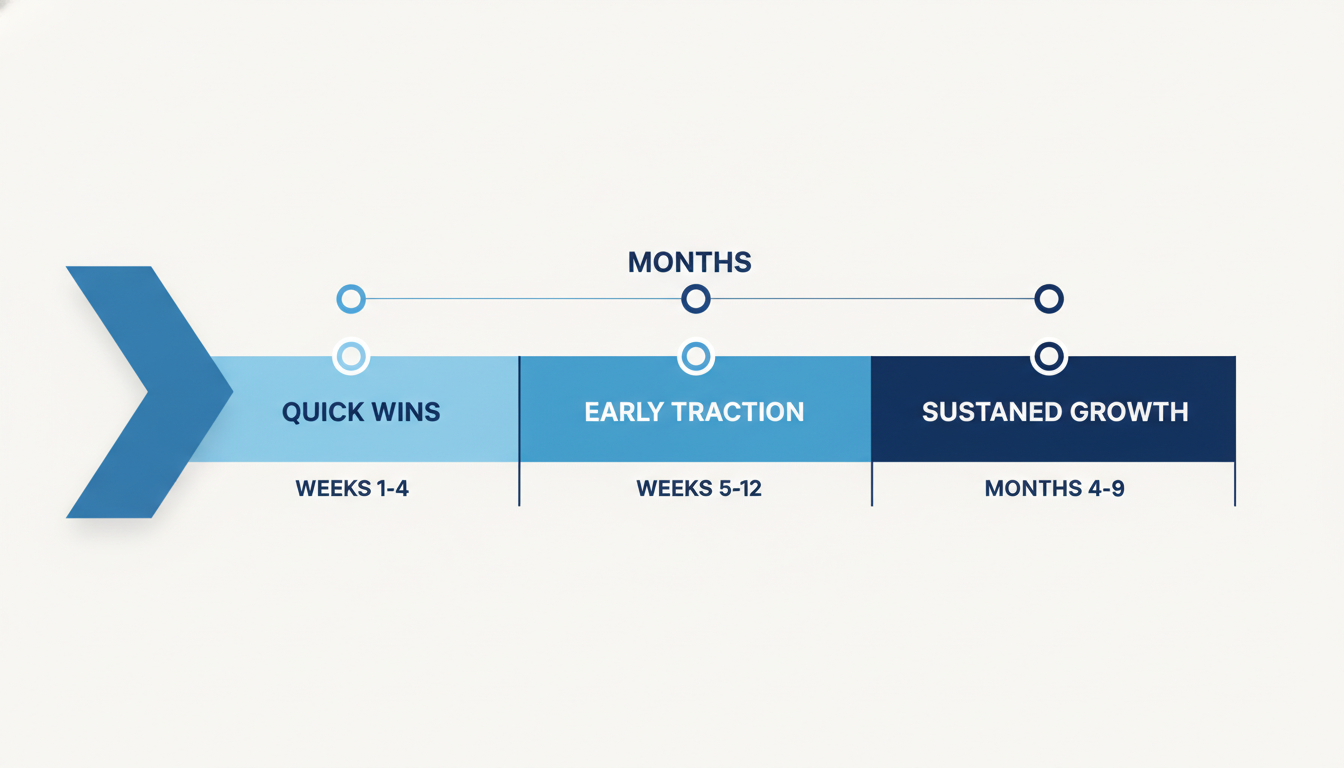 SEO timeline showing Quick Wins, Early Traction, and Sustained Growth phases