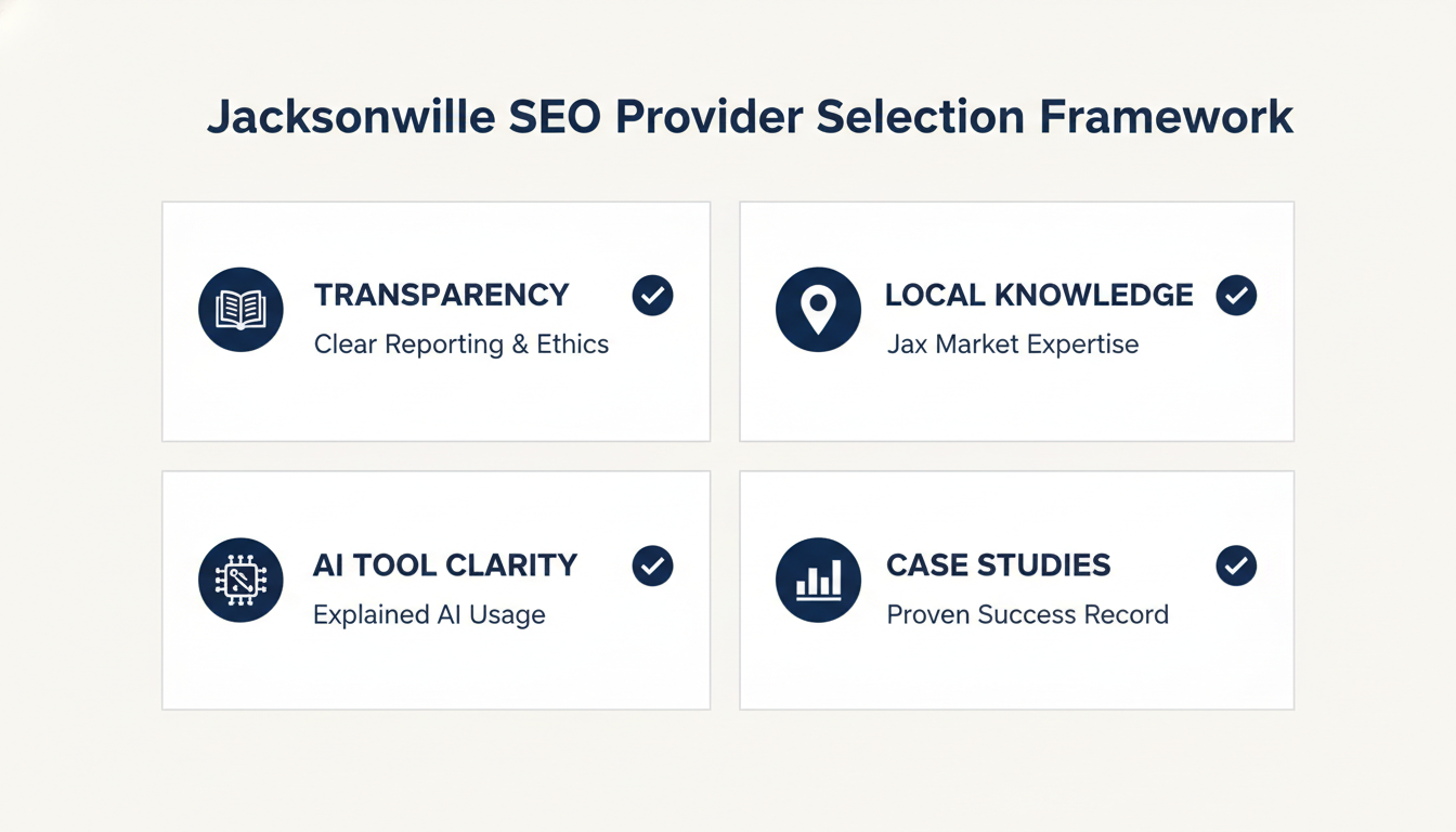 Checklist of SEO provider criteria: Transparency, Local Knowledge, AI Tools, Case Studies