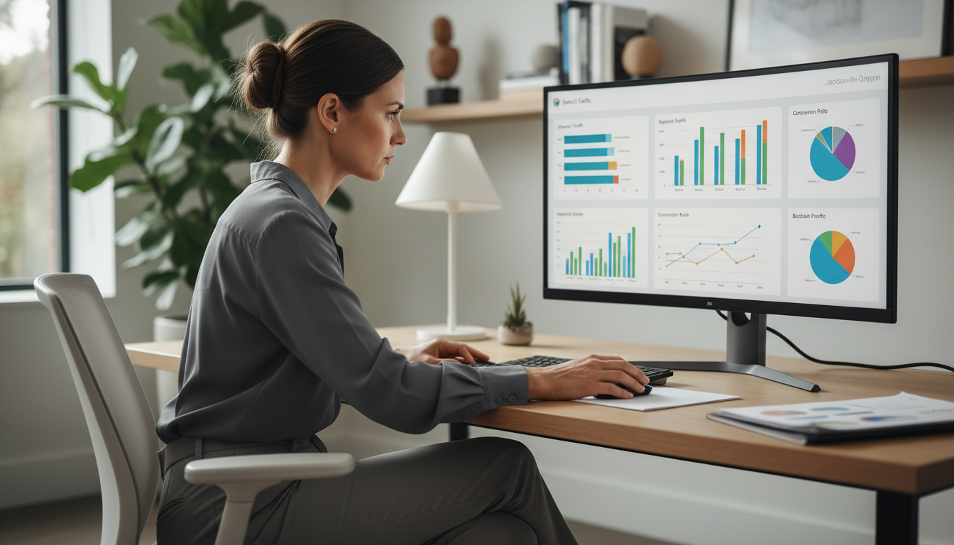 SEO strategist analyzing search analytics on computer in modern office, Jacksonville Oregon