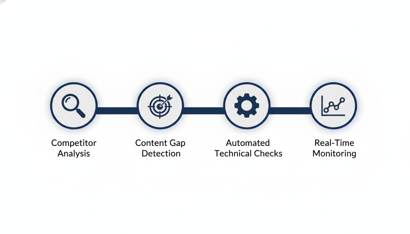 AI SEO process workflow: Competitor Analysis, Content Gaps, Technical Checks, Monitoring