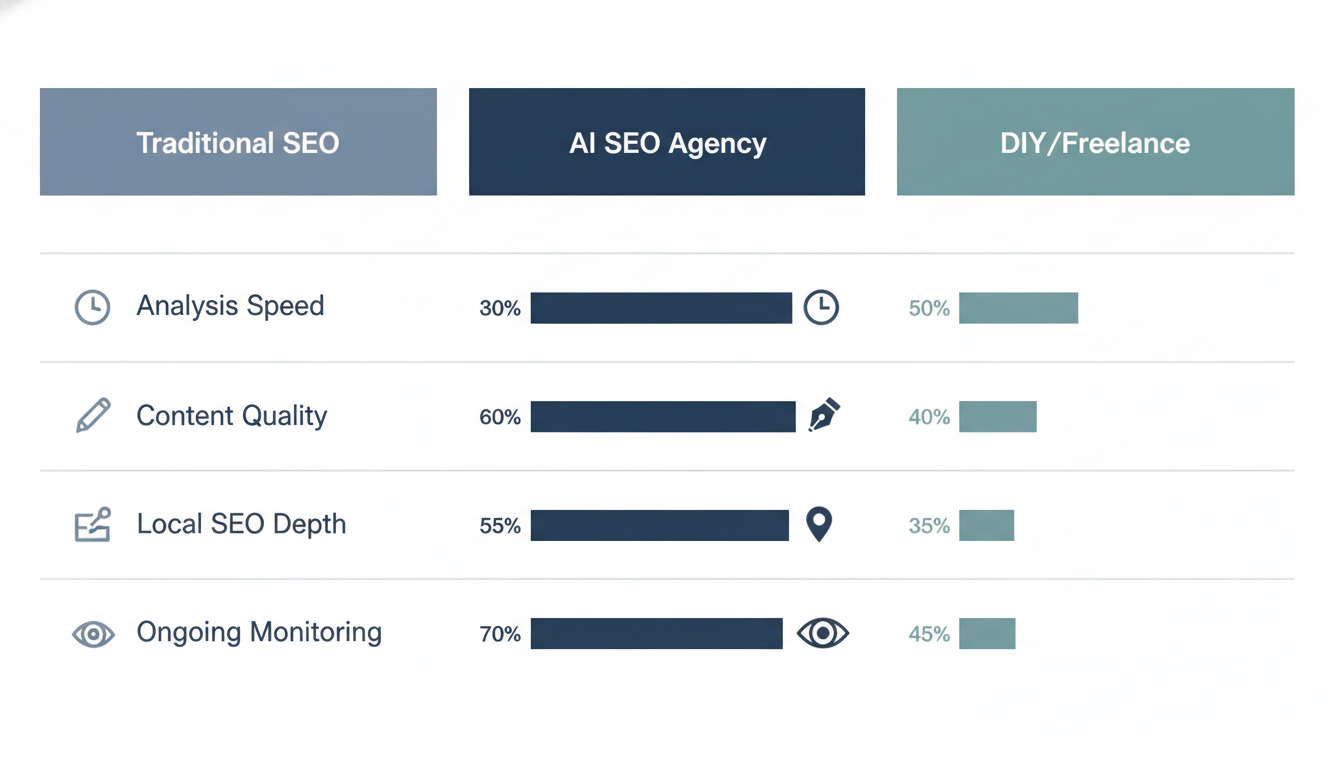 Comparison chart: Traditional SEO vs AI SEO Agency vs DIY showing analysis speed, quality, local depth, monitoring