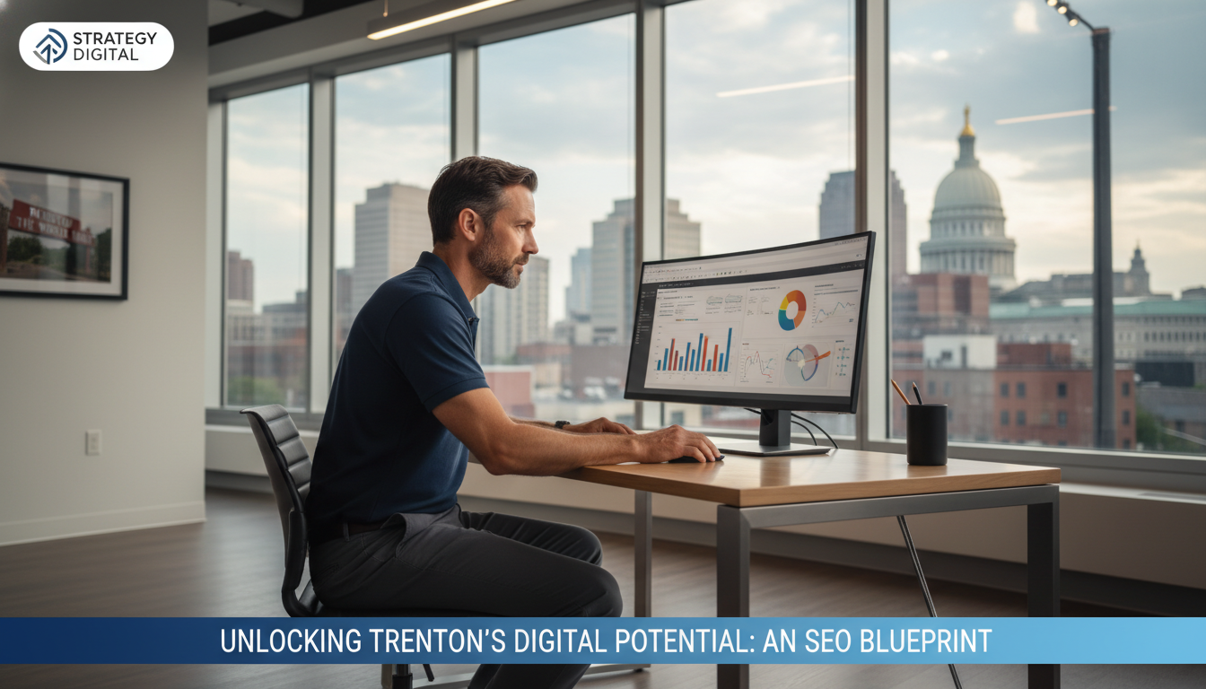Digital marketing strategist analyzing SEO metrics in modern Trenton office with city skyline