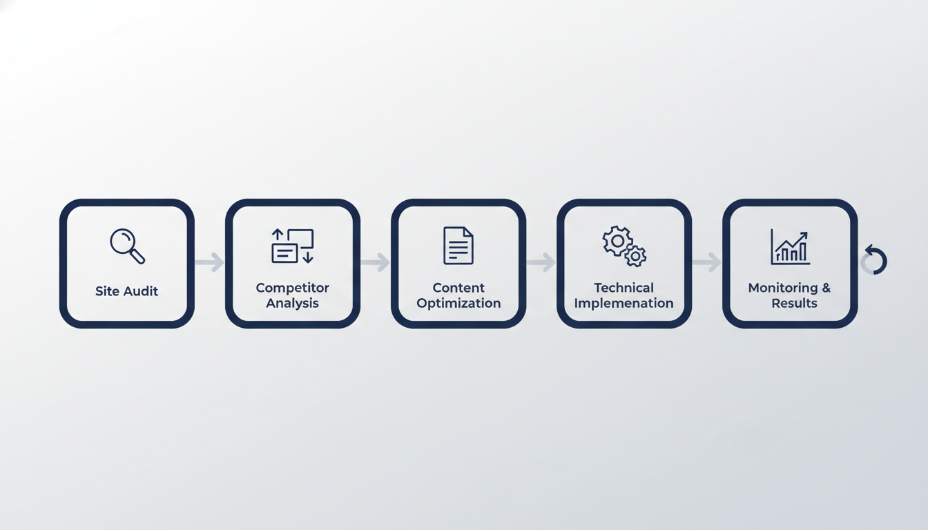 AI SEO workflow infographic showing 5-step process: audit, analysis, optimization, implementation, monitoring