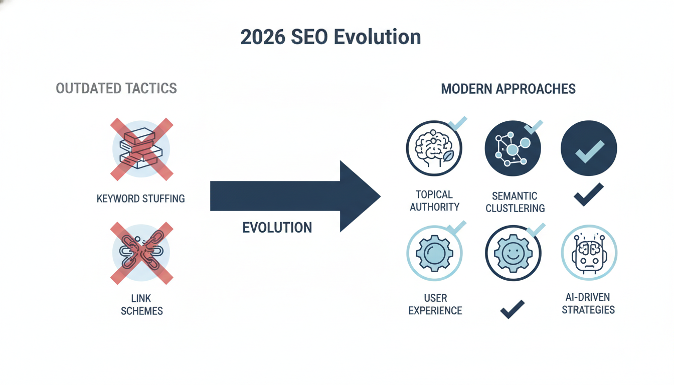 2026 SEO evolution infographic contrasting outdated tactics with modern approaches like semantic clustering