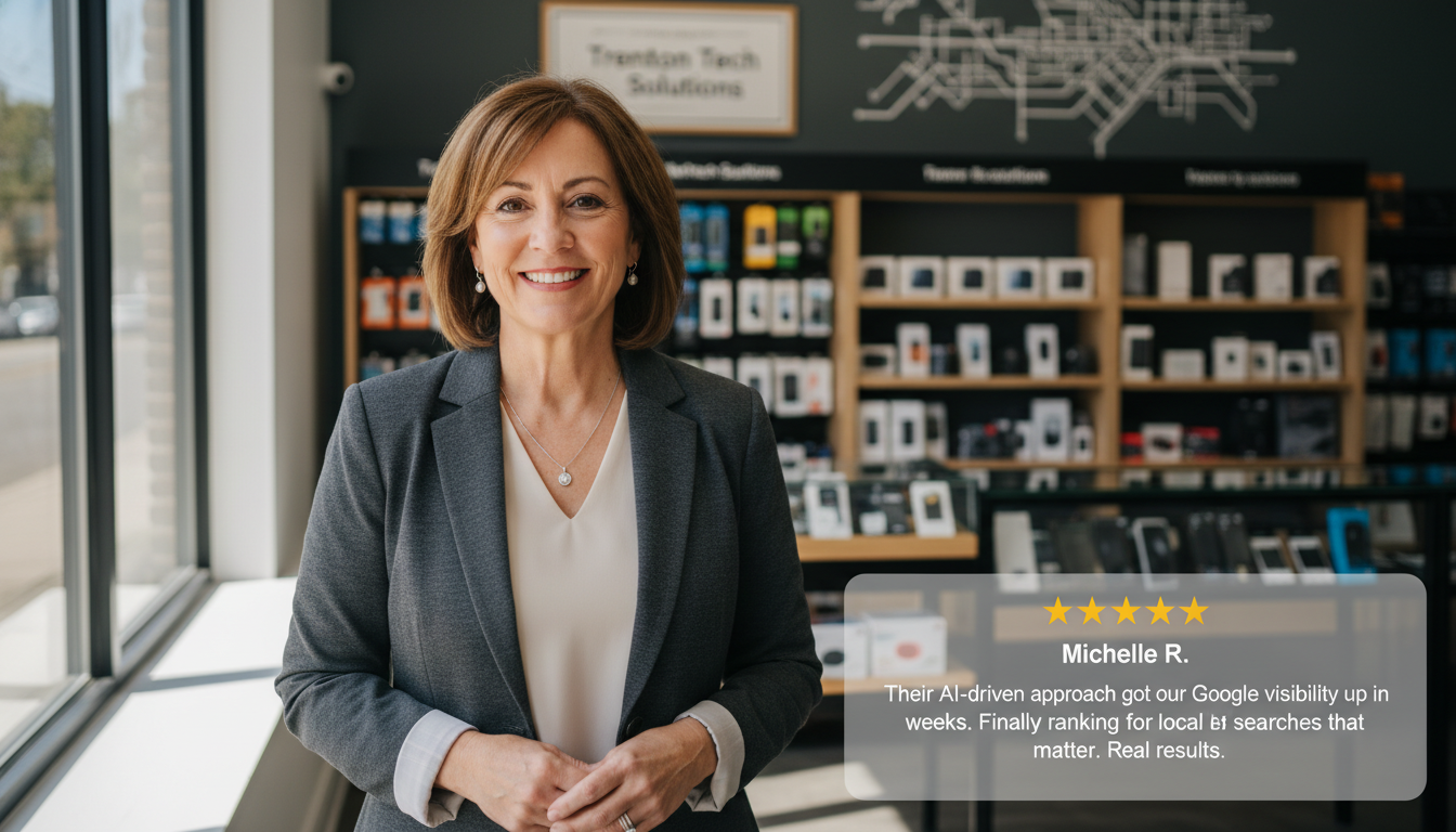 Small business owner in Trenton retail store with 5-star review: AI approach improved Google visibility quickly