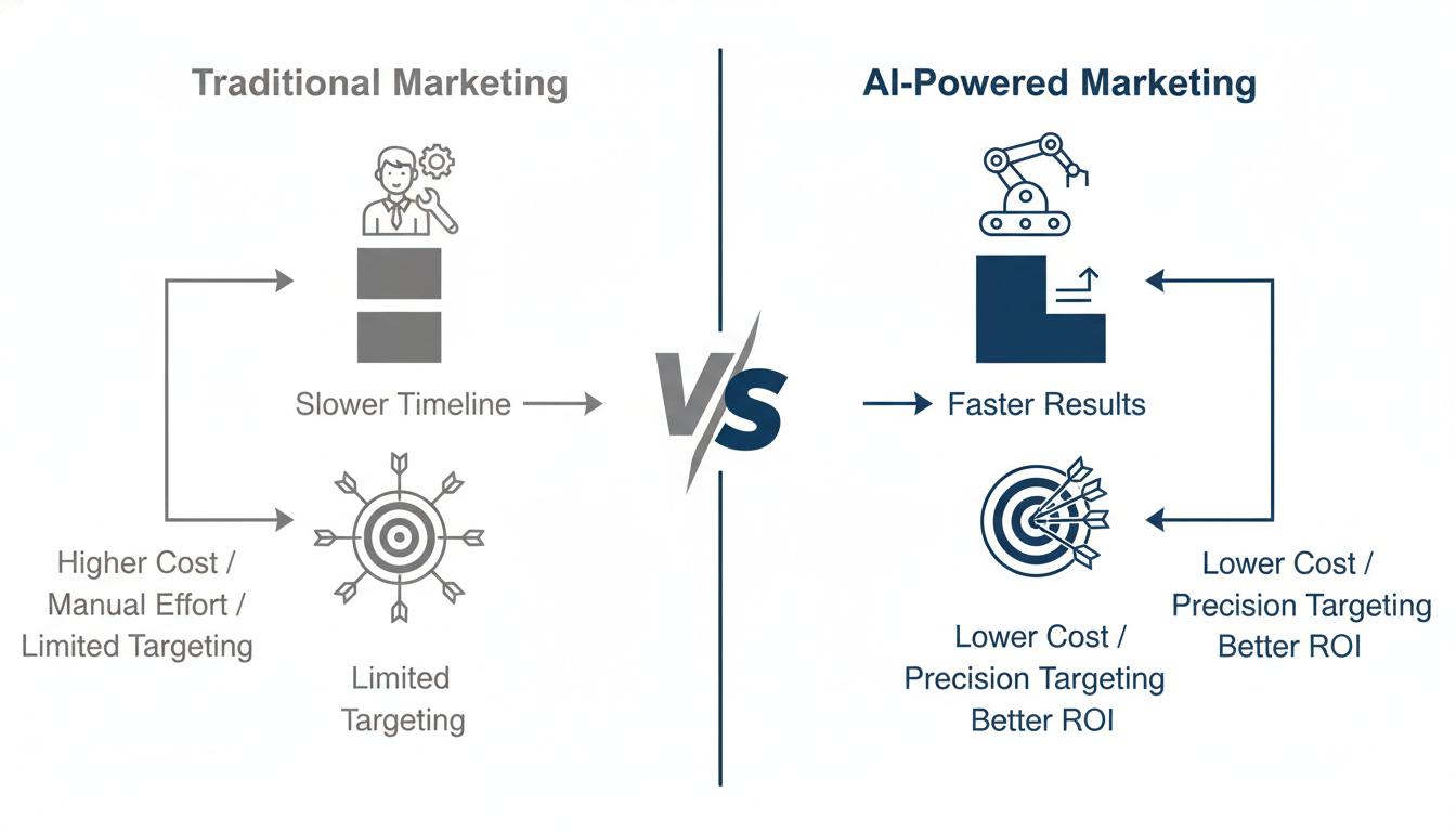 Traditional vs AI-powered marketing comparison infographic highlighting cost savings and efficiency gains for Sacramento businesses