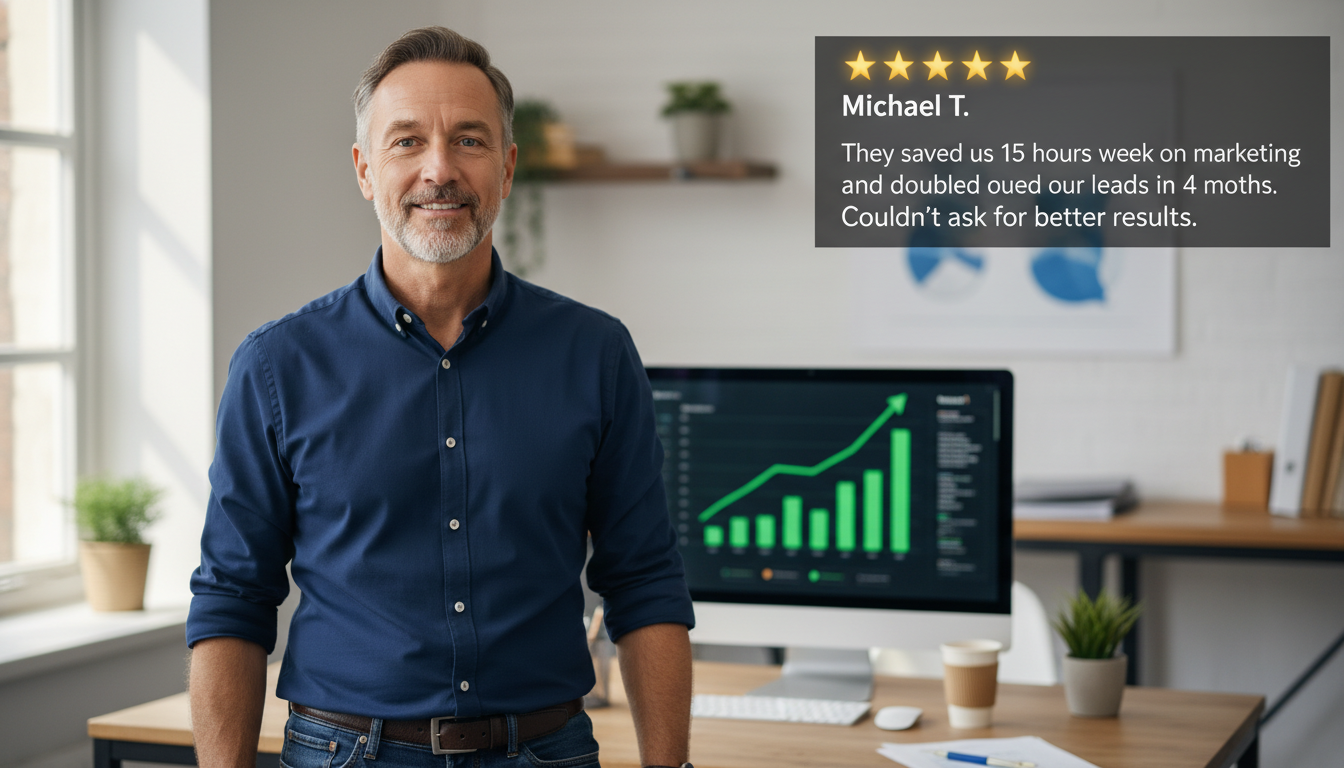 Satisfied Sacramento business owner with 5-star review testimonial about AI marketing time savings and lead growth results