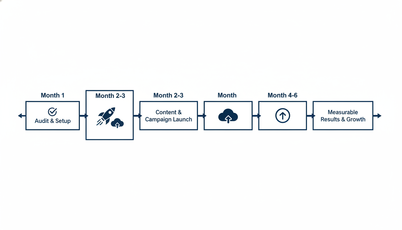 Six-month digital marketing timeline infographic showing audit, launch, and results phases for Sacramento marketing strategy