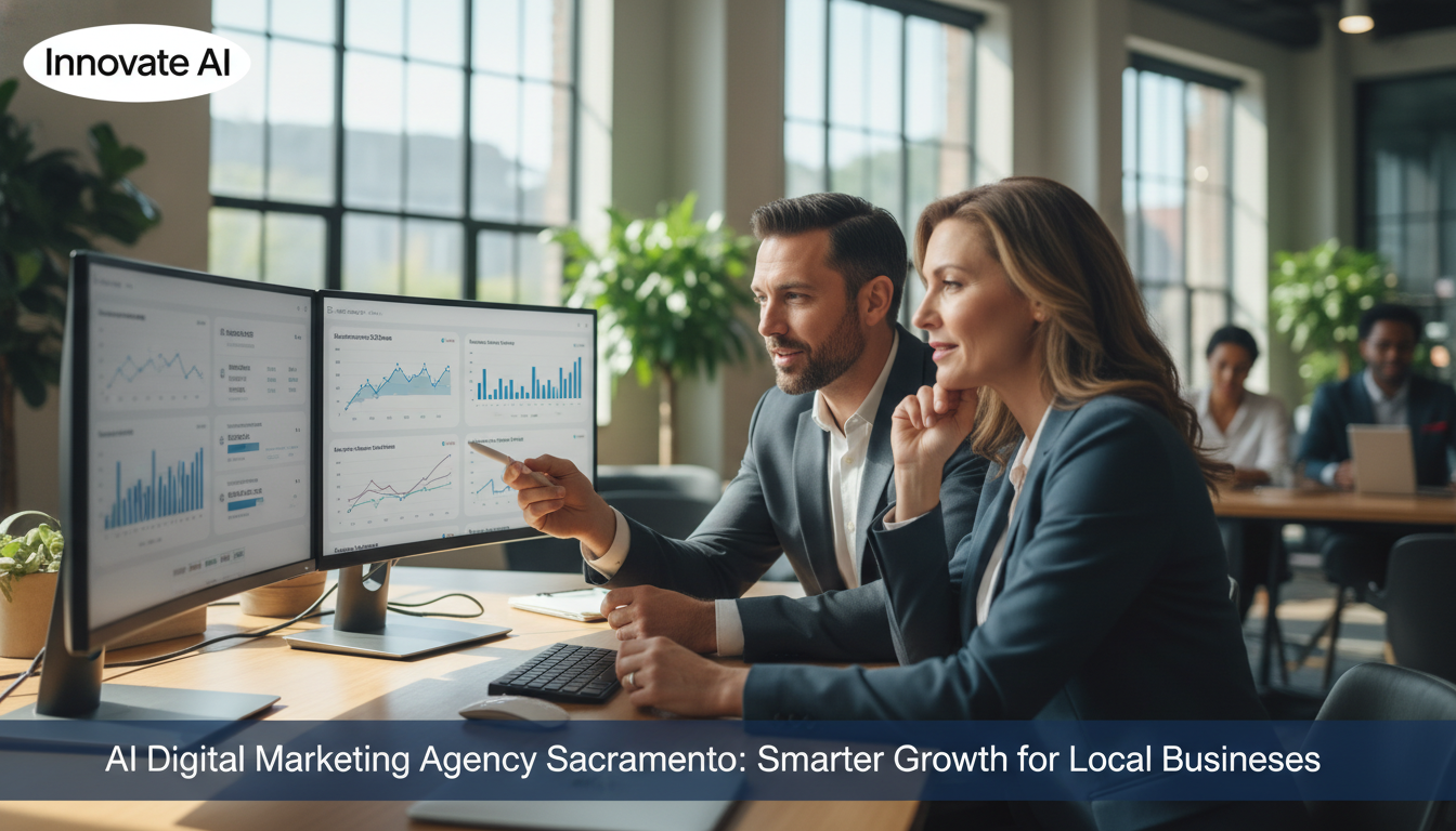 Digital marketer and business owner reviewing AI analytics dashboard in modern Sacramento office setting for digital marketing strategy