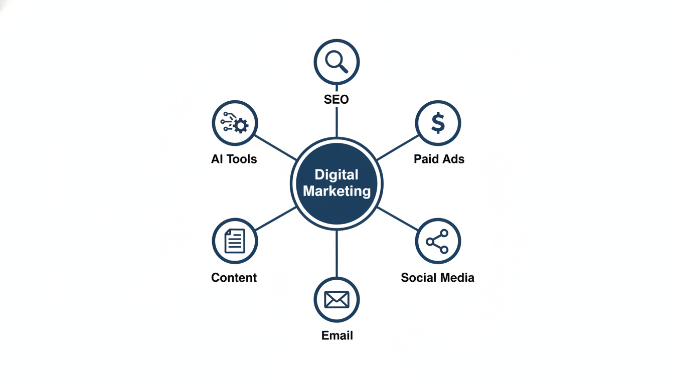 Digital marketing components infographic showing SEO, paid ads, social media, email, content and AI tools for Sacramento marketing