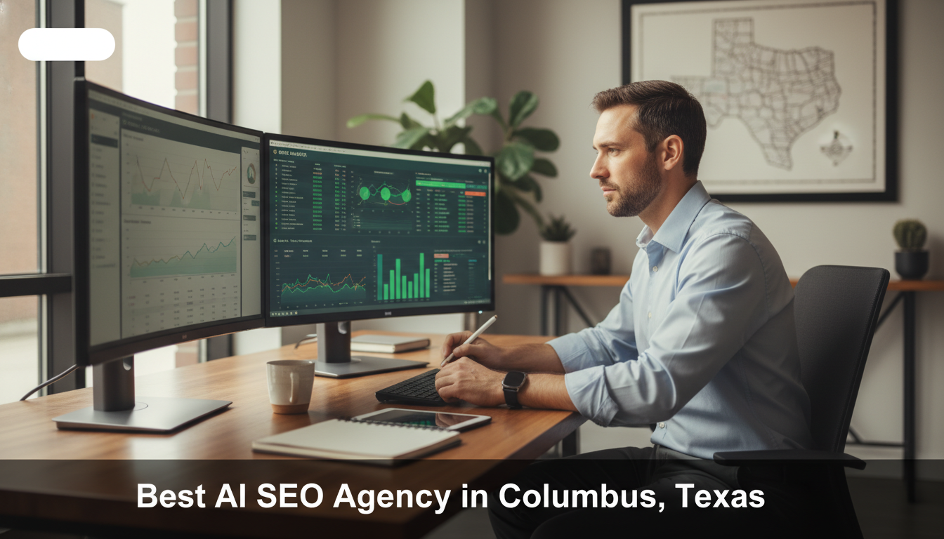 Digital marketing strategist reviewing SEO analytics on multiple monitors in modern office, Columbus, Texas