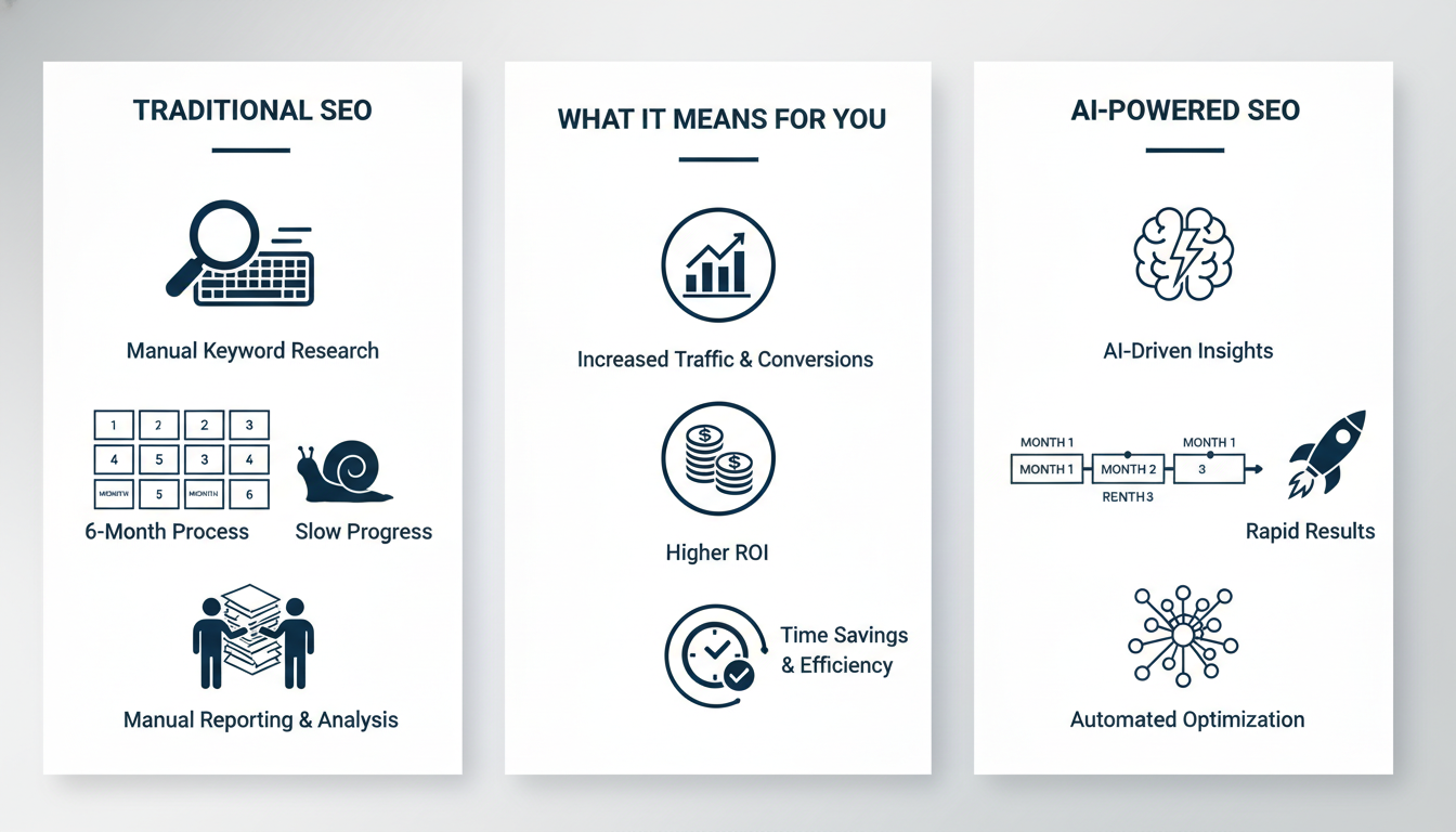 Comparison infographic: Traditional SEO slow 6-month process vs AI SEO fast 3-month results