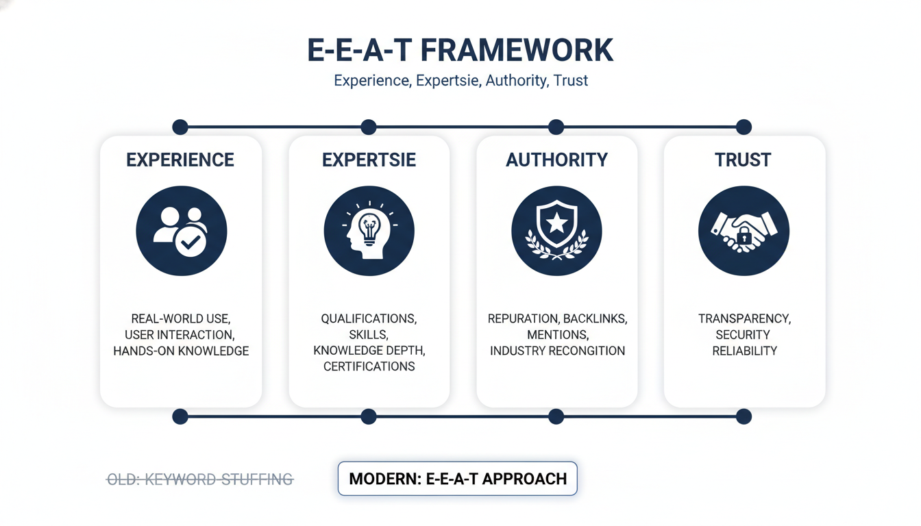 E-E-A-T framework infographic showing Experience, Expertise, Authority, and Trust pillars for SEO