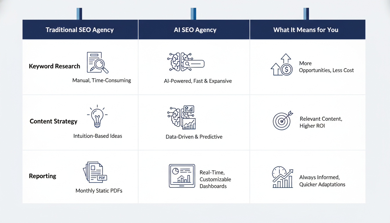 Comparison table: Traditional SEO Agency vs AI SEO Agency keywords, content, and reporting differences