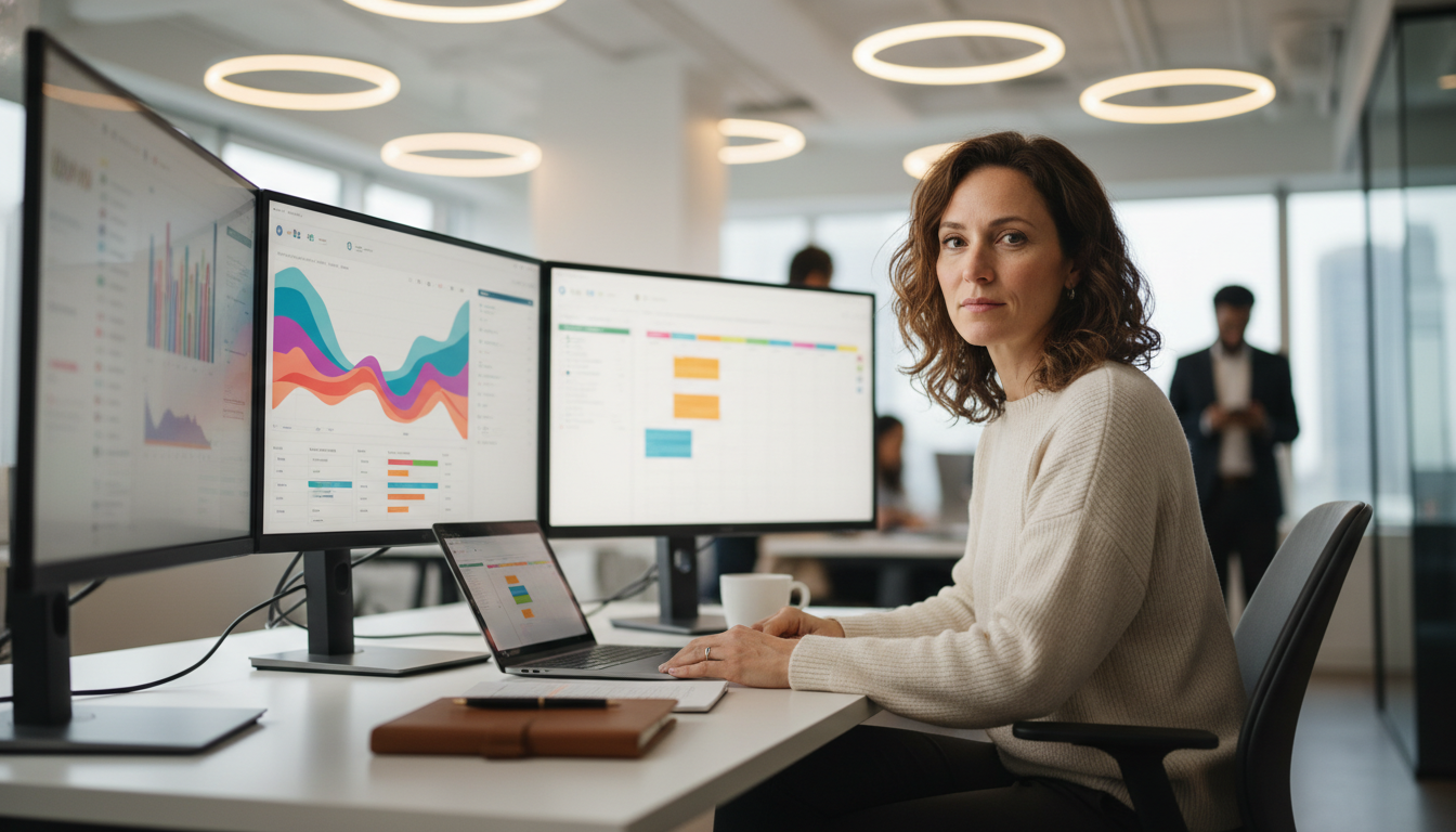 Marketing strategist reviewing AI analytics on multiple monitors in modern office, content marketing strategy, Trenton NJ