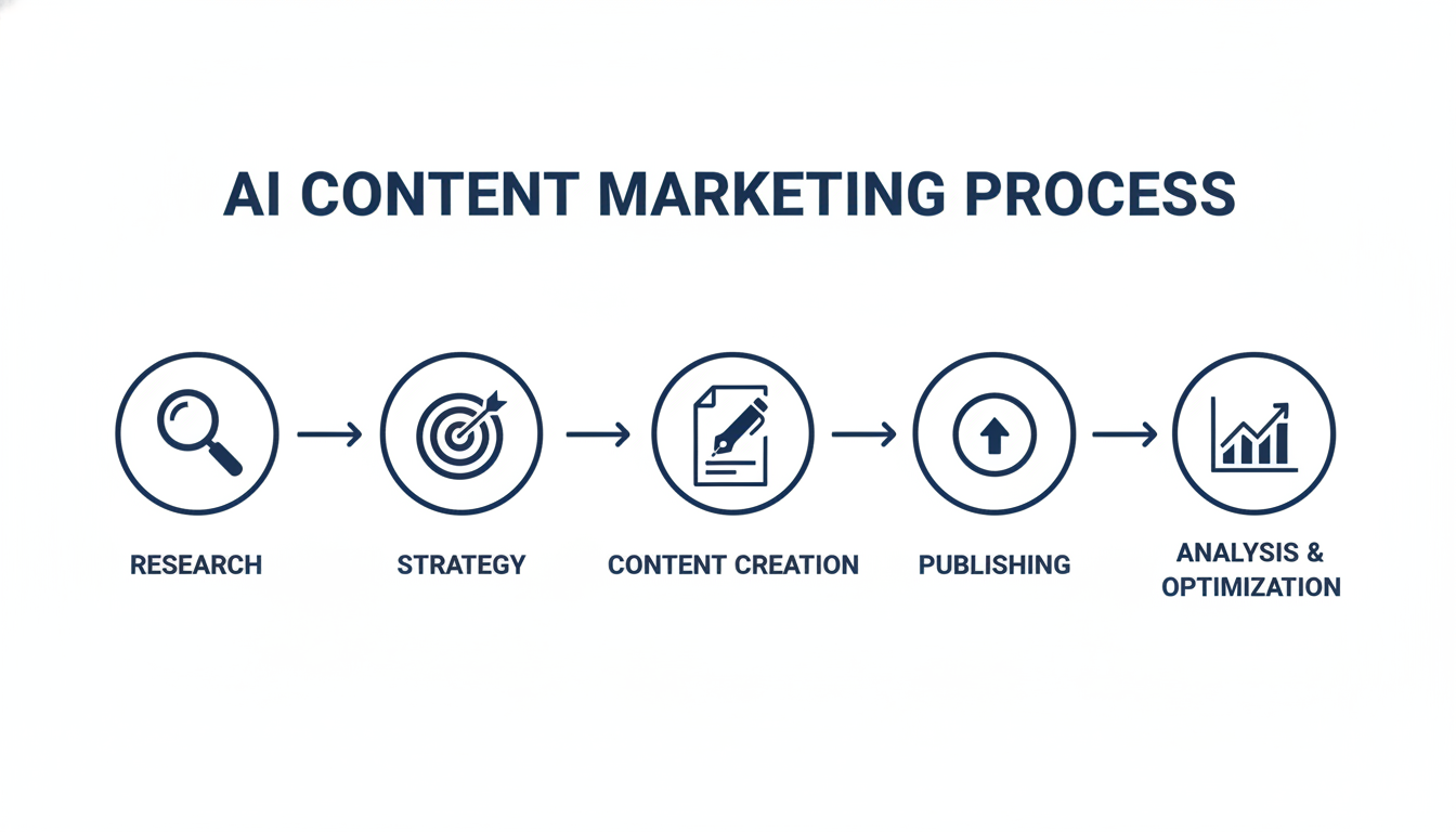 AI Content Marketing Process: Research, Strategy, Creation, Publishing, Analysis infographic steps