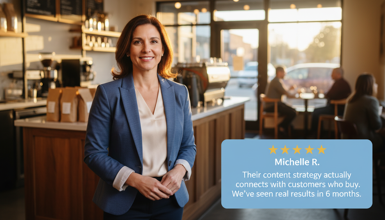 Business owner testimonial: 5-star review of AI content marketing results in Trenton business