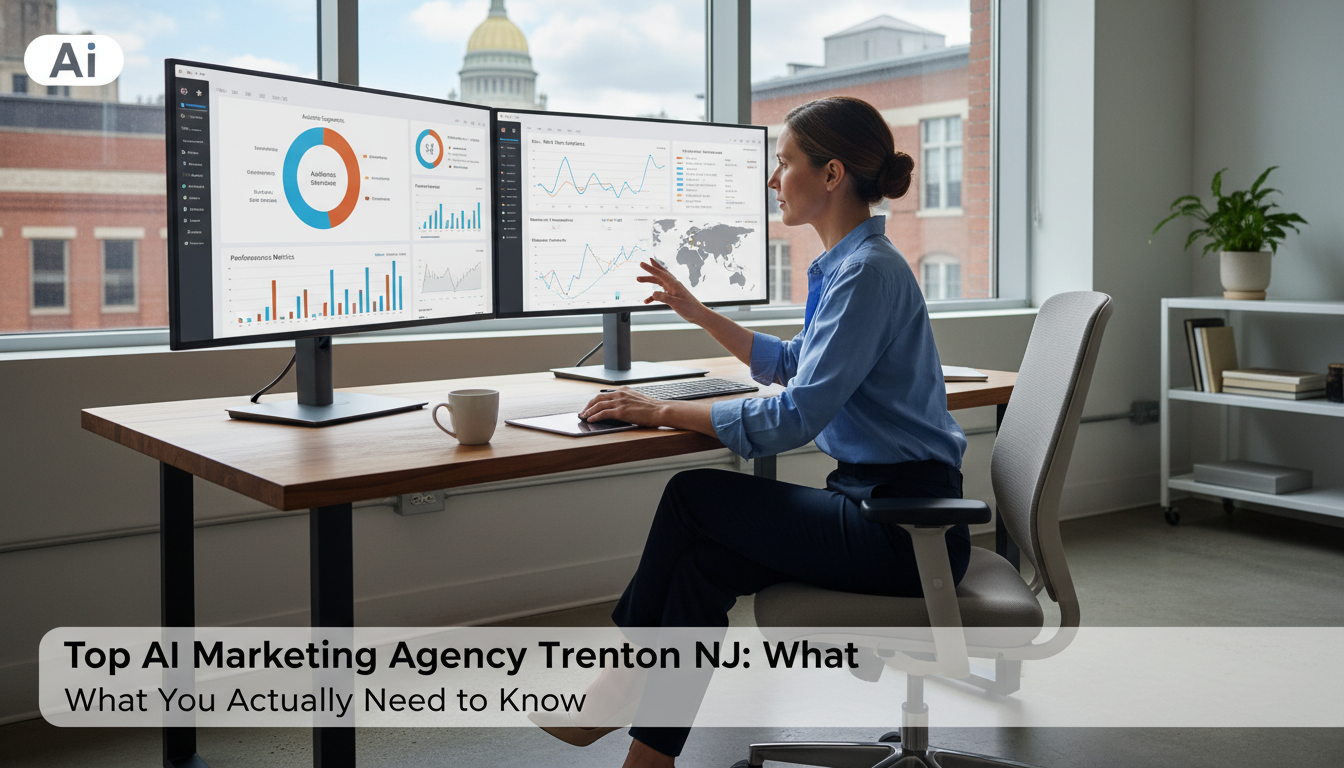 Marketing strategist analyzing AI dashboards at modern Trenton office: Top AI Marketing Agency Trenton NJ